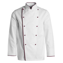 Indlæs billede til gallerivisning Kentaur Unisex kokkejakke - Hvid, m/ bordeaux piping (2341)